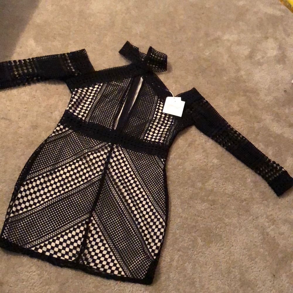 Black lace deep V off the shoulder mini dress